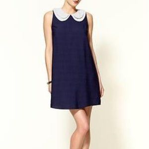 Navy sleeveless linen mini dress with gray Peter Pan collar